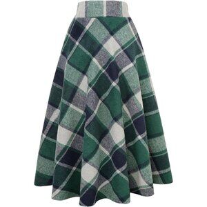 Womens Long Green 02 Elastic Waist A-Line Pleated Tartan Long Plaid Wool Skirt